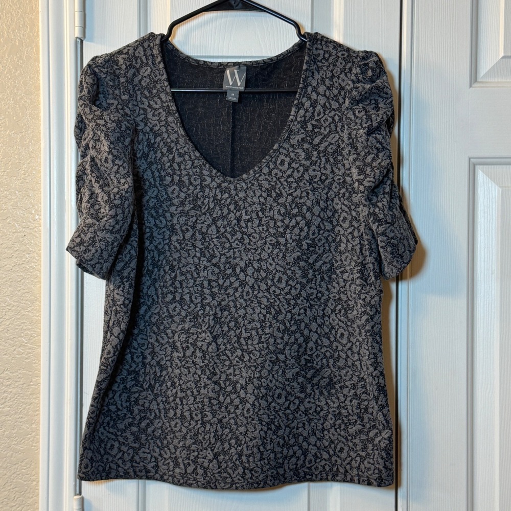 Worthington Black/Gray Textured Leopard Print Ruched Puff Sleeve Women's Size M